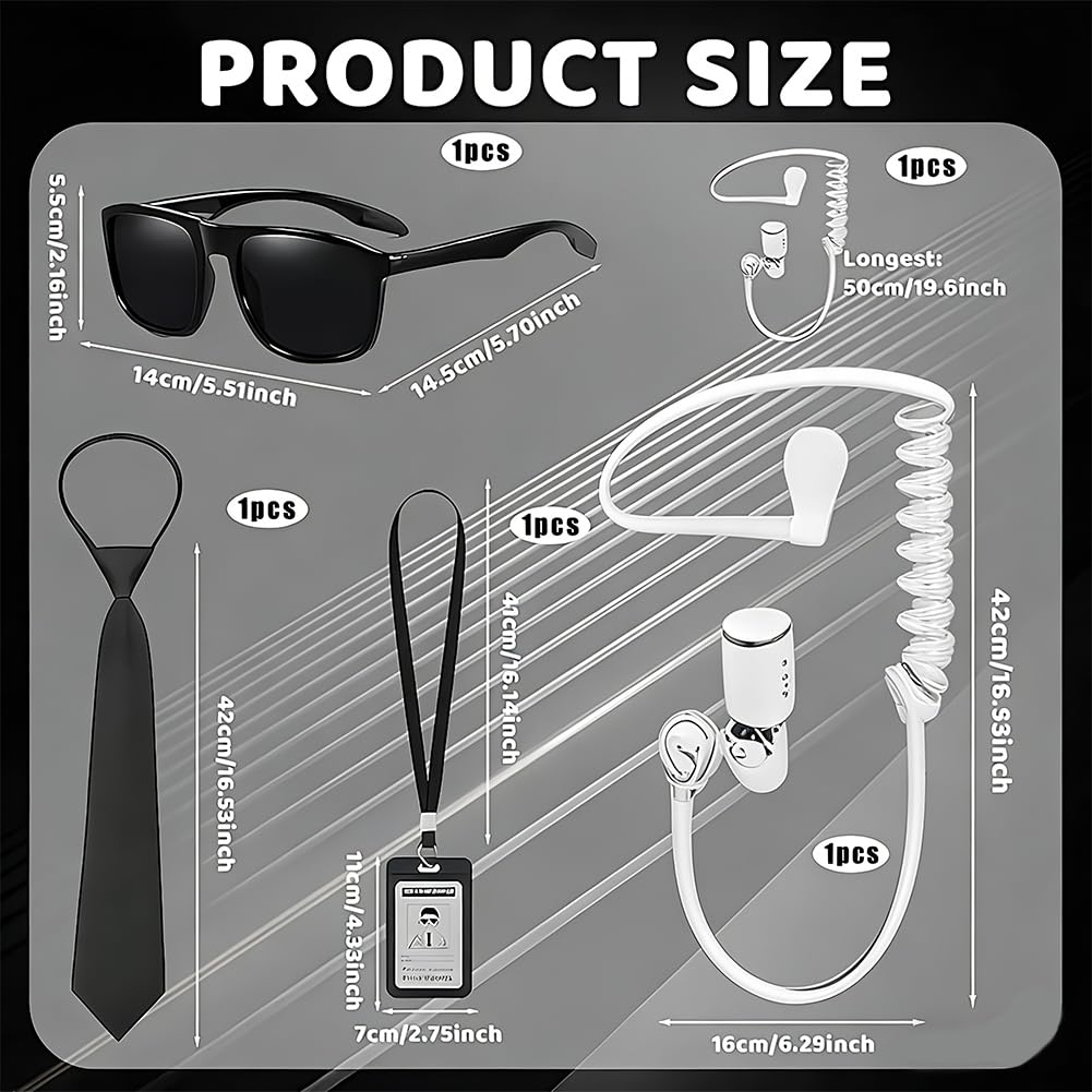 JynkChrenzic 6PCS Agent Costume Accessories,Men in Black Costume with ID Card Fake Earpiece Zip Tie Black Frame Sunglasses,Mib Outfit Accessories for Secret Guard Fancy Dress Kit - Image 2
