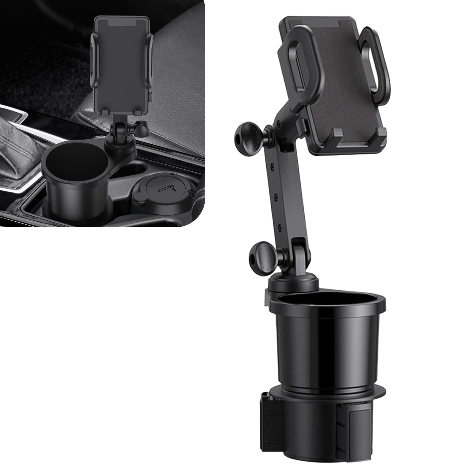 JawGrew1 PC Car Multi-Function Cup Holder, 2-in-1 Phone Stand and Cup Holder, 360 Degree Rotatable Small Storage Rack, Universal for Most Cars (Black)