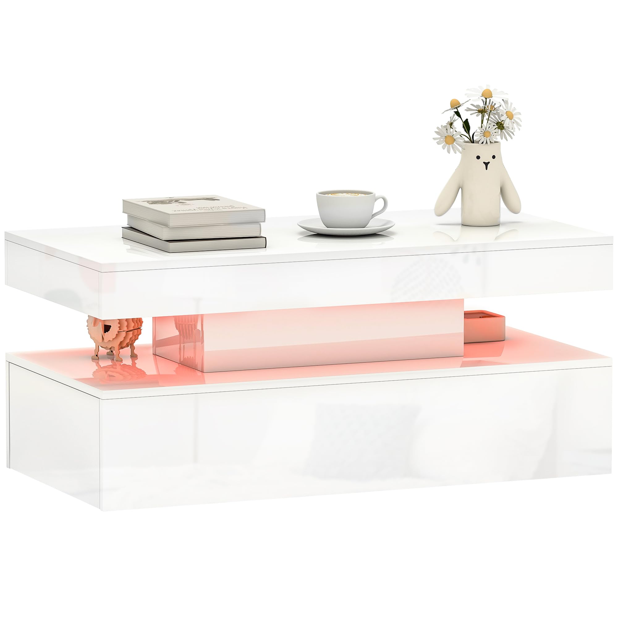 HOMCOM LED Coffee Table with Storage, High Gloss Living Room Table, White