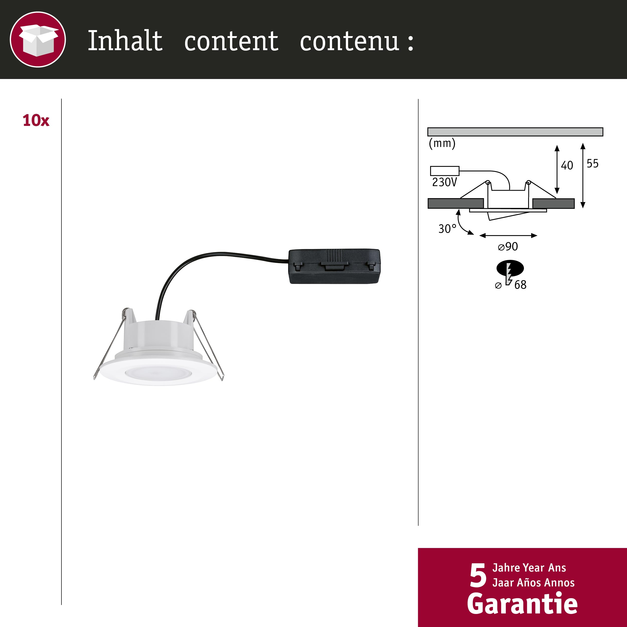Paulmann 98197 LED Einbauleuchte Calla 10er-Set IP65 rund 90 mm 30° 10x5W 10x430lm 230V White Switch Weiß matt