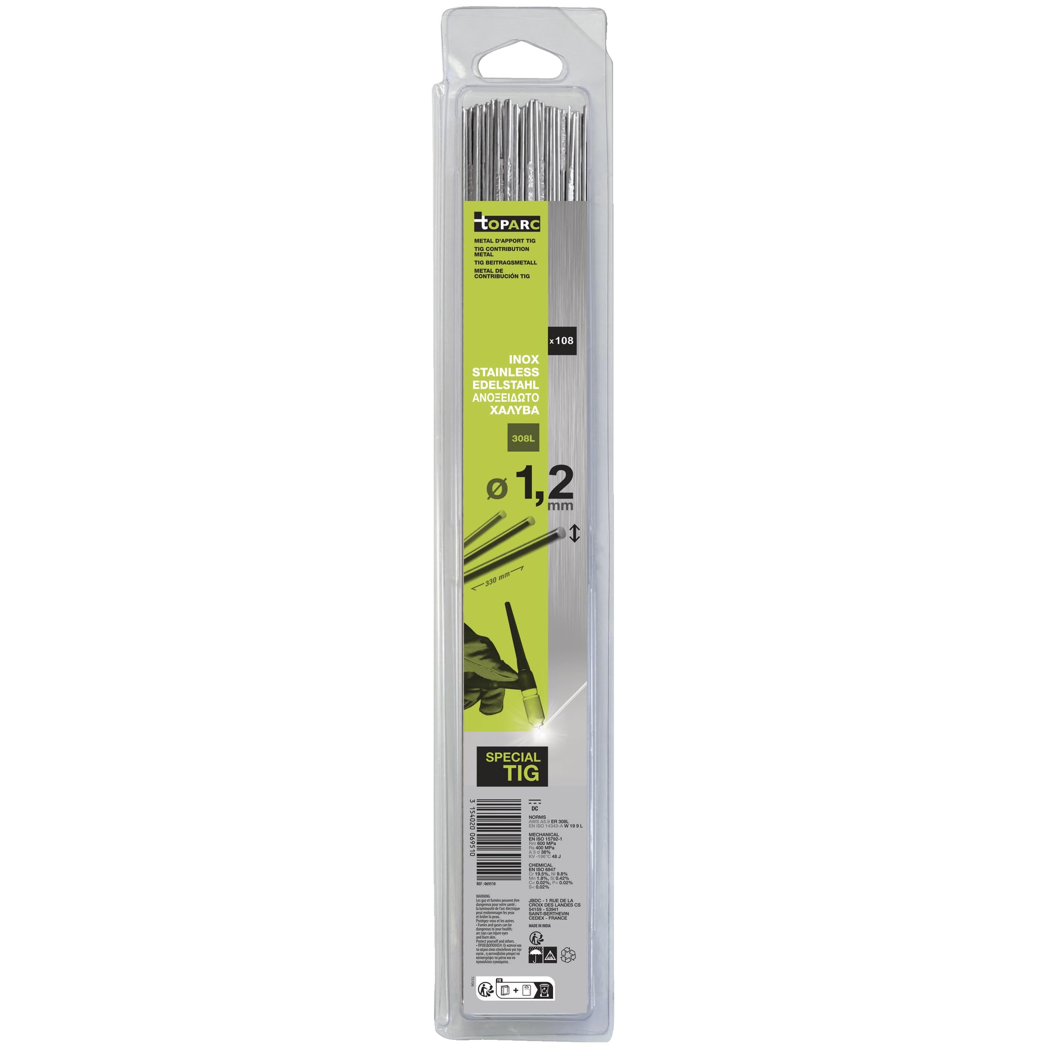 GYS 108 BACCHETTE TIG INOX 308L Ø1,2-330mm Blister 0,33kg