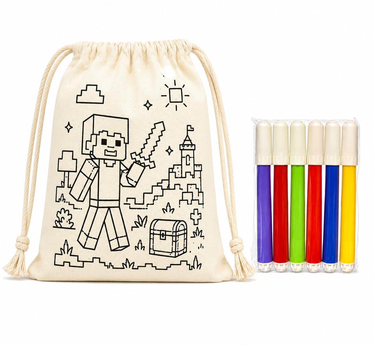 Coloring Drawstring Bag for Kids with 6 Color Sketch Pens Inspired by Mine Kraft | Reusable Canvas Art & Craft Bag | Creative Paint Your Own Backpack Activity Kit for Kids | School, Travel & Gift Bag-image-28
