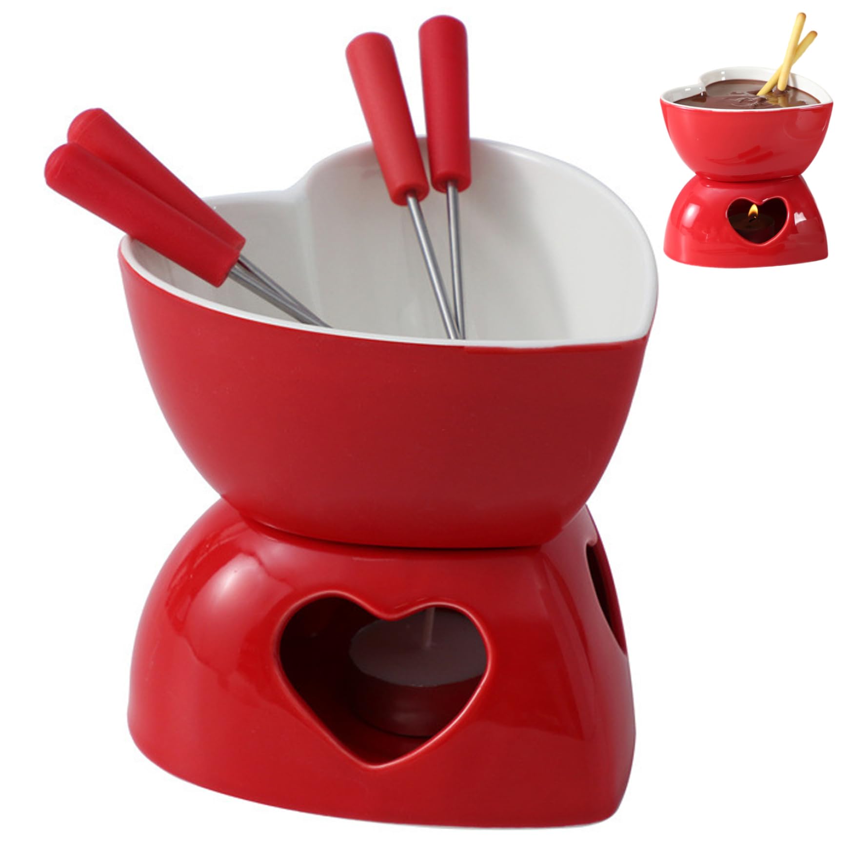 Ensemble de pots fondue en forme de cœur pour soirée chocolat en duo