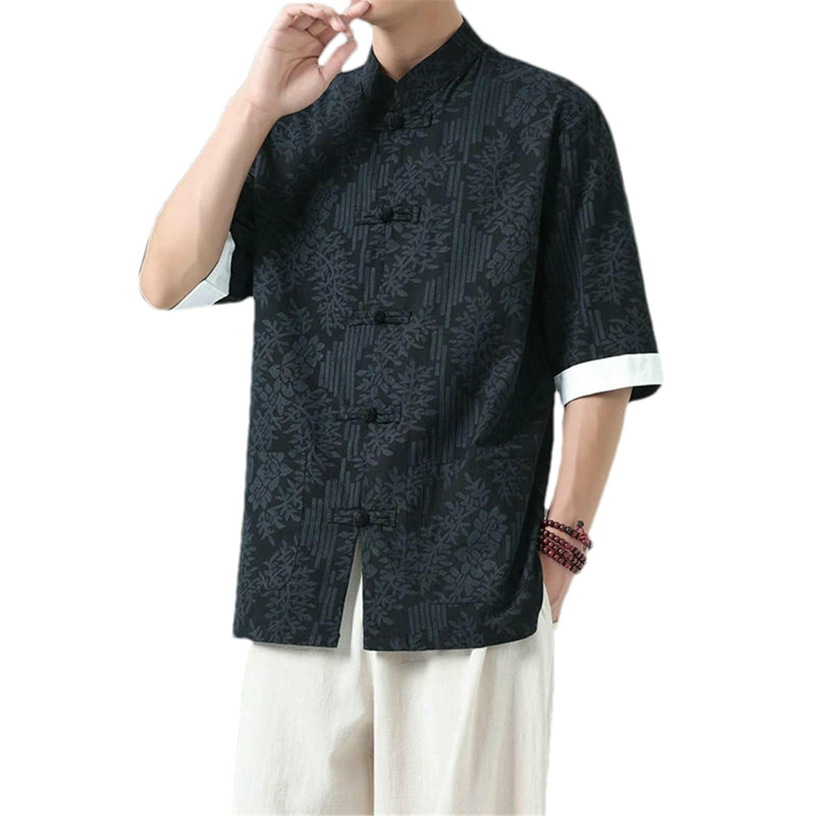 JXQXHCFS Camicia da uomo leggera traspirante cotone lino colletto alto camicia estate cinese stampato top orientale per il tempo libero camicie