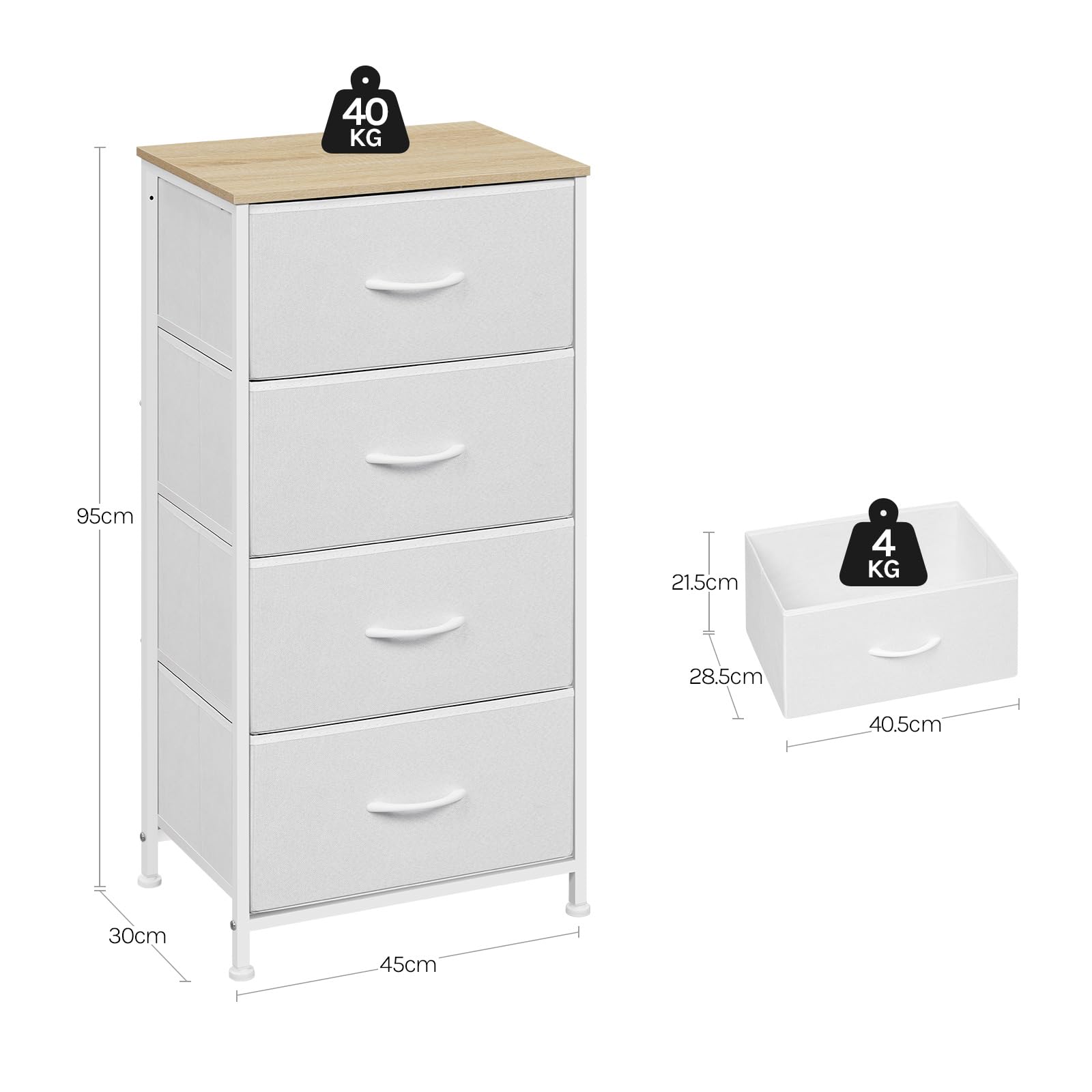 WOLTU Cajonera de Tela, Cómoda 4 Cajones, Armario con Cajas, Organizador de Juguetes, para Dormitorio, Salon y Habitación Infantil, Marco de Metal, Blanco, SSK011ws