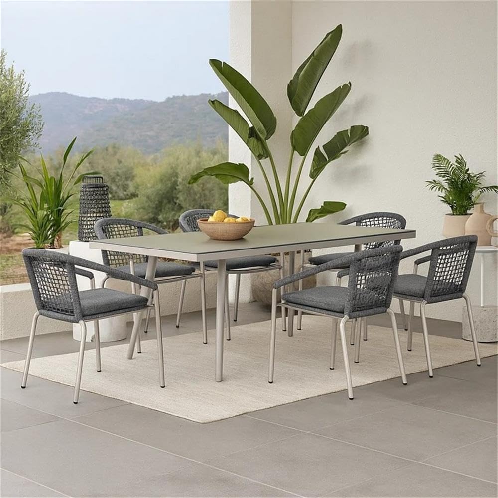 Pemberly Row 7 Piece Outdoor Dining Set, Woven Rope Chairs and Rectangular Table, Slate Gray Finish, Anodized Aluminum Frames, Fade-Resistant Cushions, Stackable Chairs, Patio or Backyard Dining