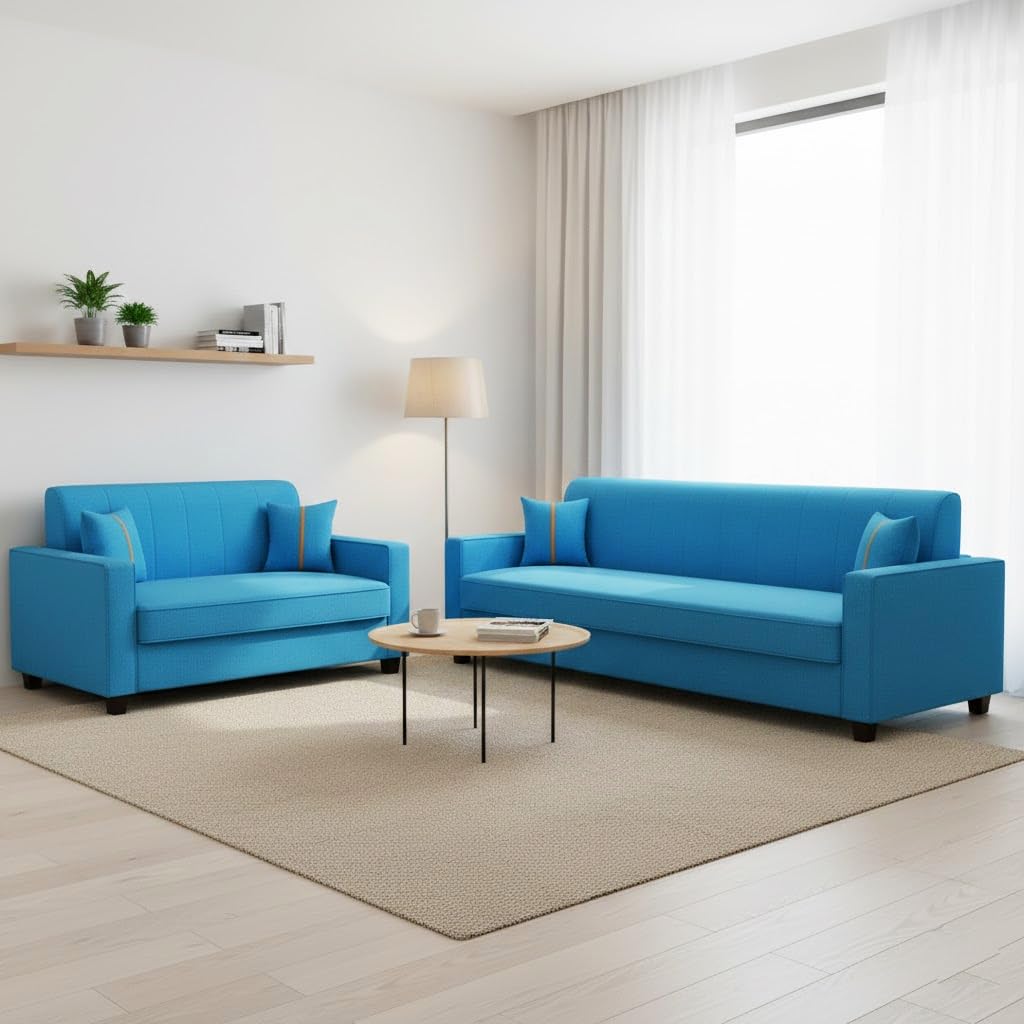 FURNY Cosmos 5 Seater Fabric 3+2 Sofa Set (Aqua Blue) Premium Velvet Finish | Durable Comfort | Ideal for Living Room