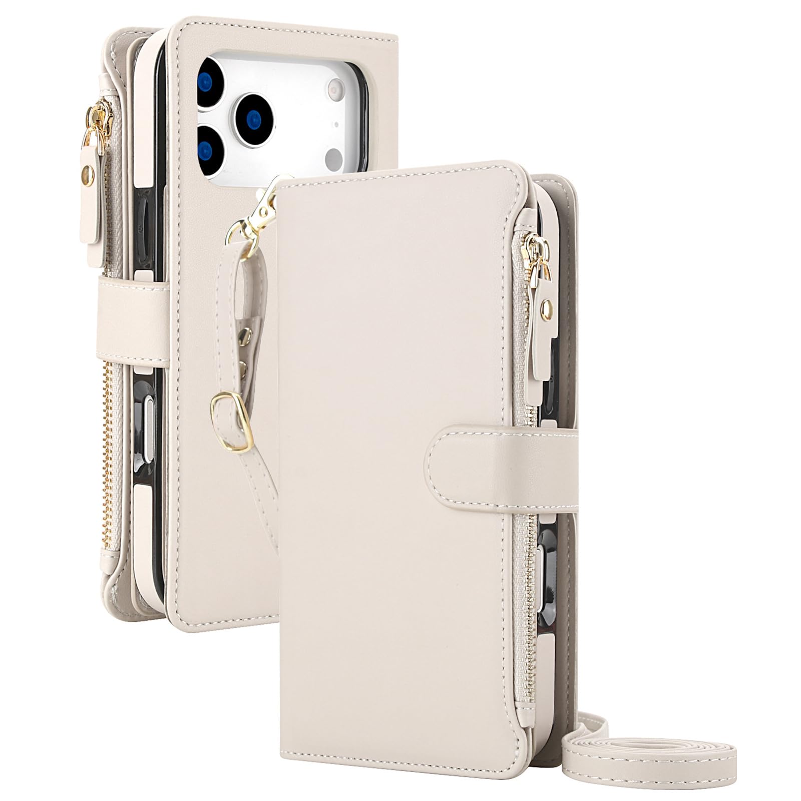 Mfaoshi White Magnetic Case For Iphone 17 Pro Max/17 Pro/17 Air/17, Detachable High-Capacity Zipper Wallet Cover With Kickstand Function Leather Case,,17 Air