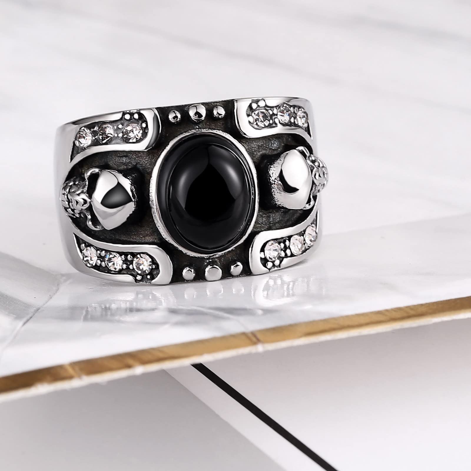 Anello Fidanzamento Acciaio Anello Fidanzamento per Lui Anello Teschio con Pietra Ovale Anelli Acciaio Nero/Marrone Taglia 15 to 30