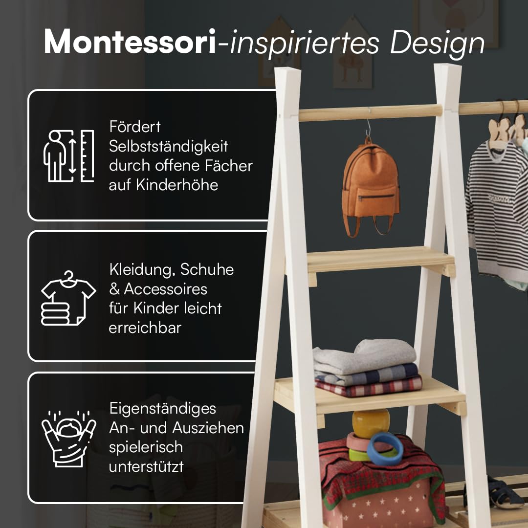 Bellabino Ryck Kleiderstange für Kinder – Kleiderständer aus Massivholz Natur/Weiß mit 4 Ablageflächen – Montessori Kindergarderobe für Jungen & Mädchen – Garderobe mit Schuhablage für Kinderzimmer