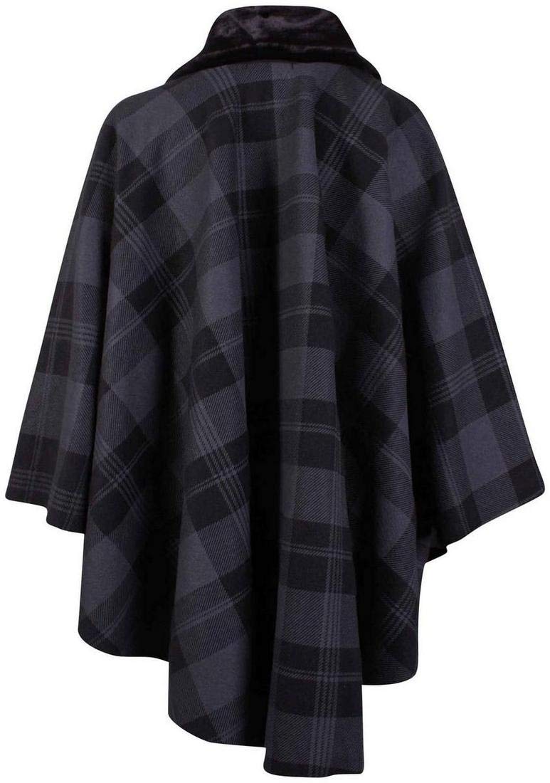 Top Fashion18 Ladies Plus Size Batwing Ladies Fleece Faux Fur Collar Tie Tartan Cape One Size Poncho Coat UK Size 16-28 (Black Tartan, One Size)