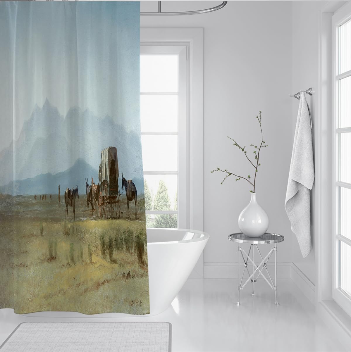 Tende della doccia di montagna Paesaggio naturale all'aperto 180x220cm | Famosa stampa di dipinto in tessuto in poliestere per l'appartamento del dormitorio domestico