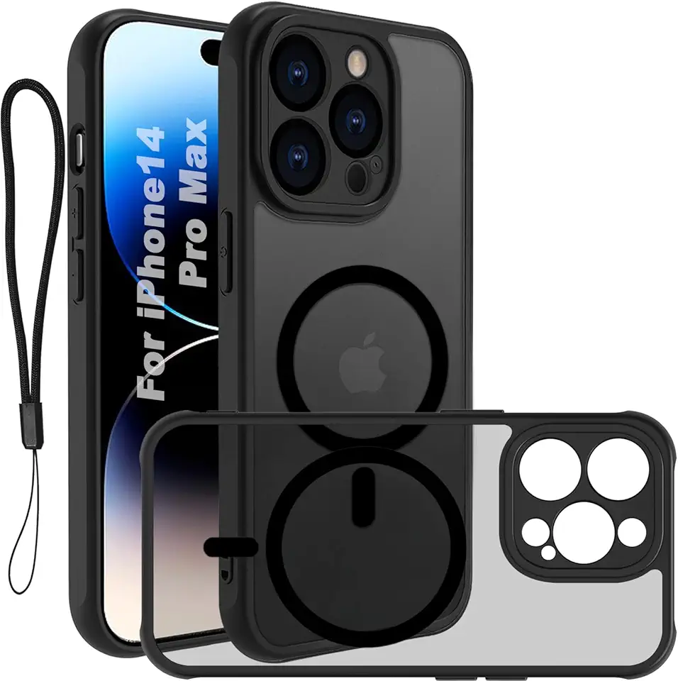 USTIYA Magnética Capa para iPhone 14 Pro Max 6,7 polegadas Case Matte Acrílico Uso Resistente Protetora de Câmera Capinha Acessórios para Celular com Cordão Preto FGCX