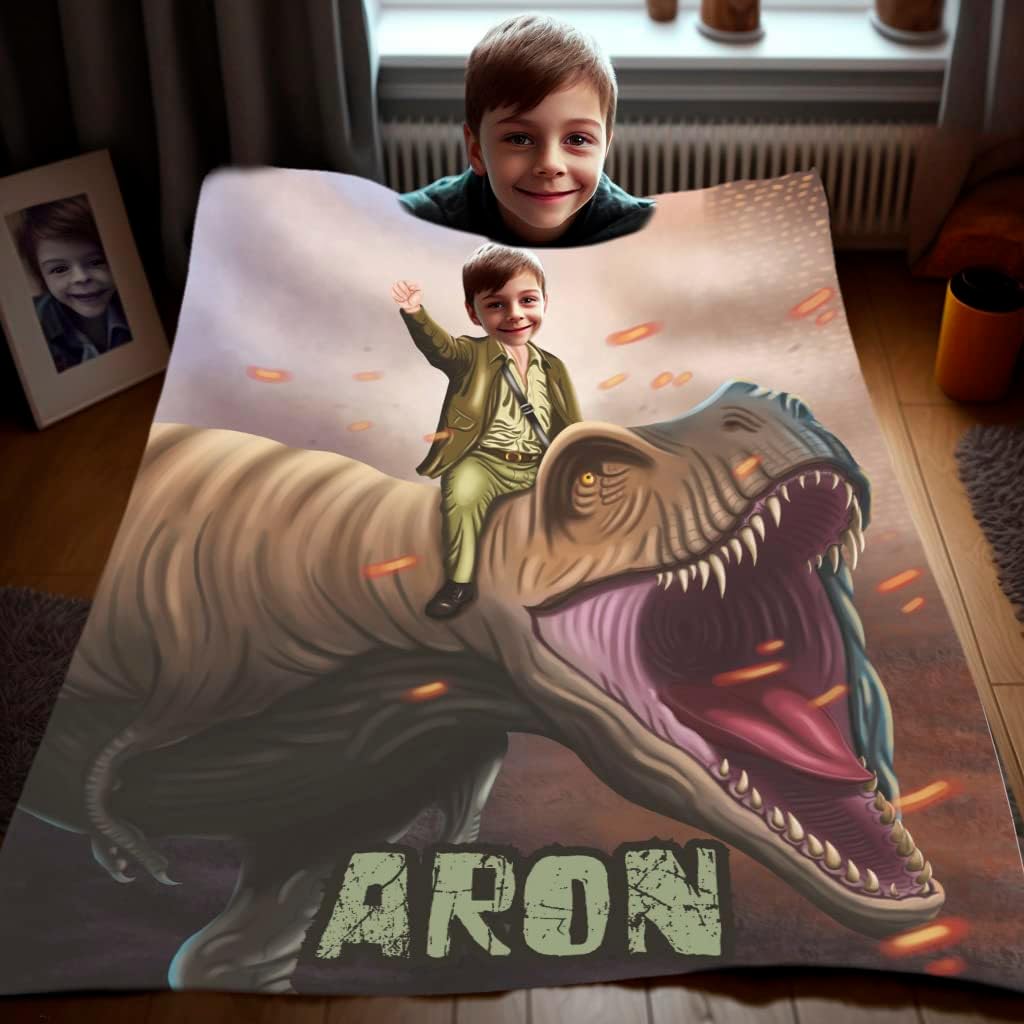 Kids Personalized Blanket, Custom Photo Gift for Him, Dinosaur Face Blanket for Boys Men, Add Your Photos to Gifts, Personalize Minky Throw 30x40 L71