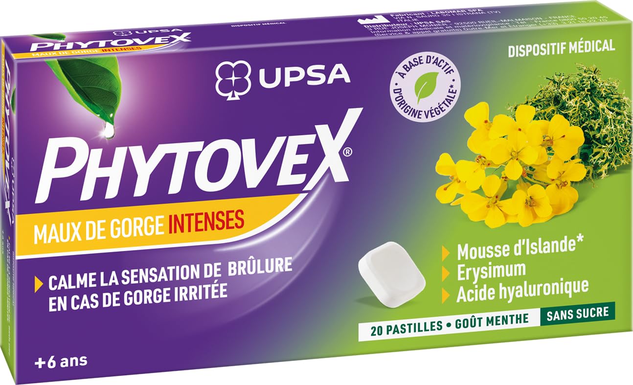 Phytovex - Pastilles Maux de Gorge Intenses - Soin Phytothérapique Naturel - Soulagement Gorge Irritation et Gêne - Menthol et Extraits Végétaux - 24 pastilles