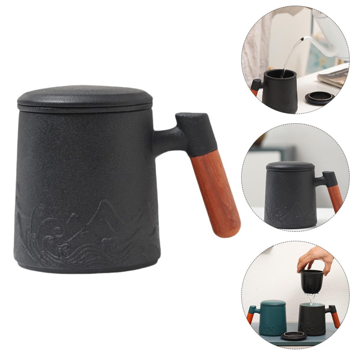 Mug en Céramique 400 Ml avec Anse en Bois et Couvercle, Tasse à Thé avec Infuseur Intégré, Mug à Café Lait pour Bureau et Maison, pour Infusion et Boissons Chaudes