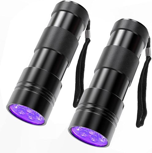 COSOOS Paquete de 2 linternas UV, 12 linternas LED de mano negra de 395 nm, mini detector de luz para perros y mascotas, manchas de orina, chinches