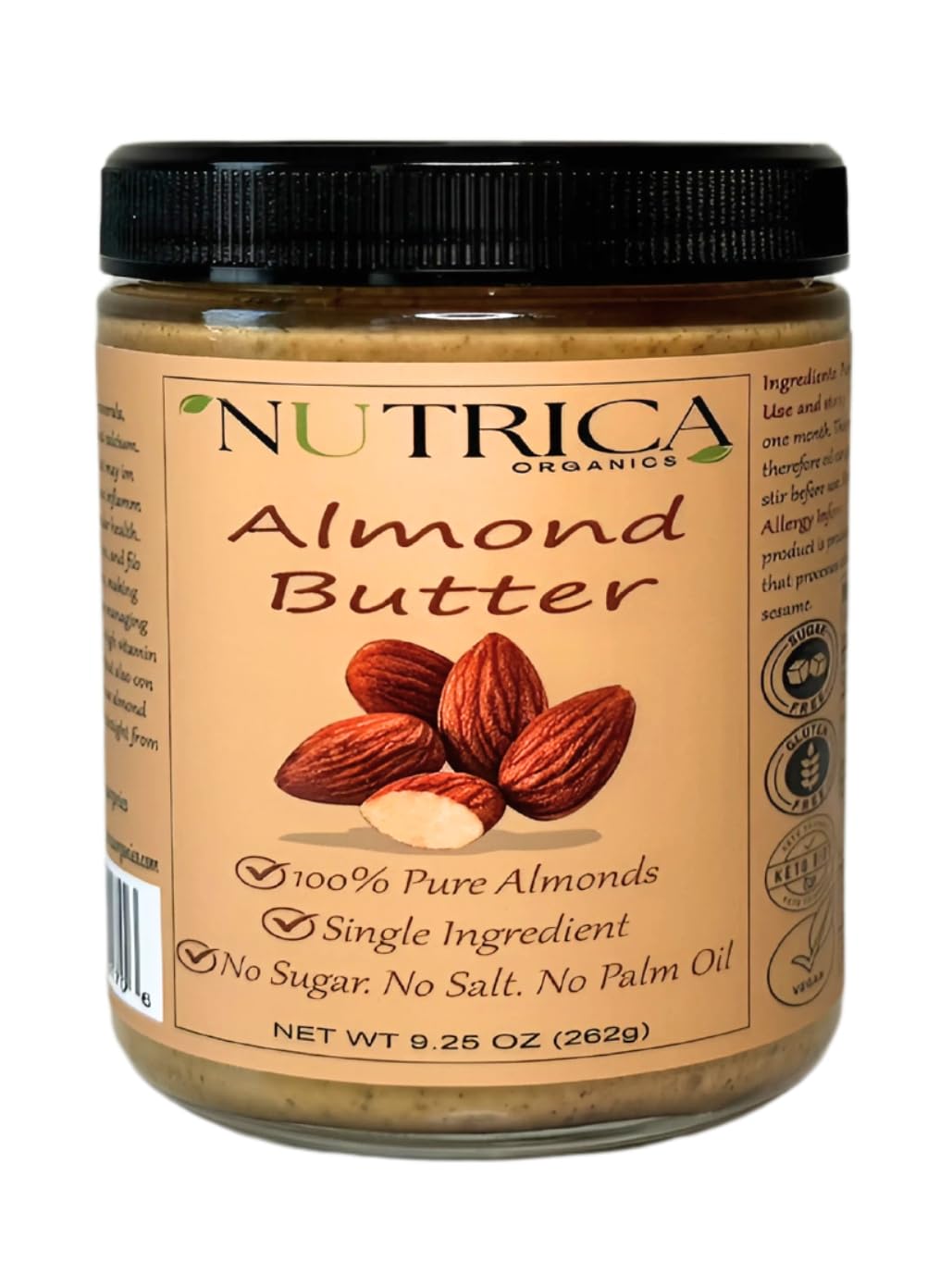 100% Pure Almond Butter, Single Ingredient, No Salt, No Sugar, No Palm Oil, Double Sealed Jar, No Additives, Vegan, Plant Based Protein, Premium