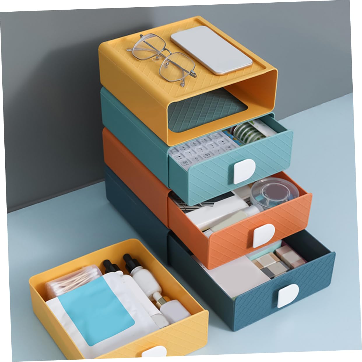 Boîte de Rangement à Tiroirs Empilable PP, Organiseur Table Multi-Niveaux