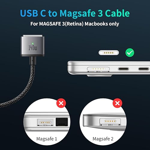 Miniatura 4 de mcdodo Cable USB C a 3 magnético de 140 W, cargador de aire para MacBook Pro, Air M1 M2 M3 (14 y 16 pulgadas 2021-2024, 6.6 pies)