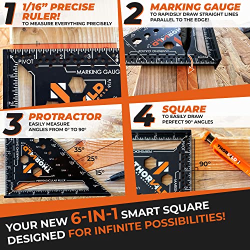 Thorvald 51GD5 6-In-1 Carpenter Square 7 Inch (1/16 Inch Precision) T Square Multi-Purpose Carpenter Tools : Wrench, Square, Protractor, Ruler, Marking Gauge, Drill Gauge, Includes 2-In-1 Carpentry Pencil thumb #1