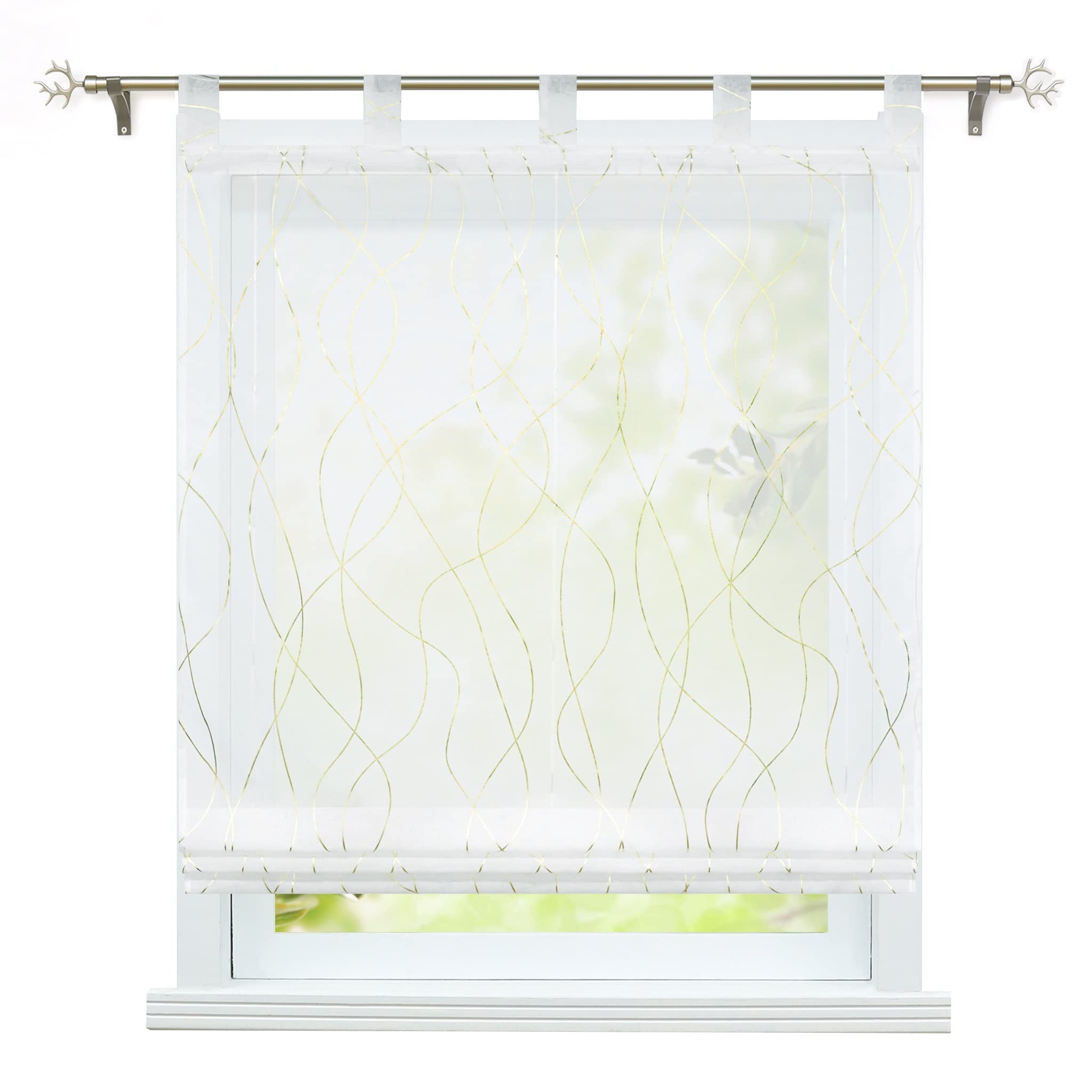 ESLIR Raffrollo mit Schlaufen Transparente Raffgardinen Schlaufenrollo Modern Gardinen Küche Voile mit Wellen-Muster Gold BxH 140x150cm 1 Stück