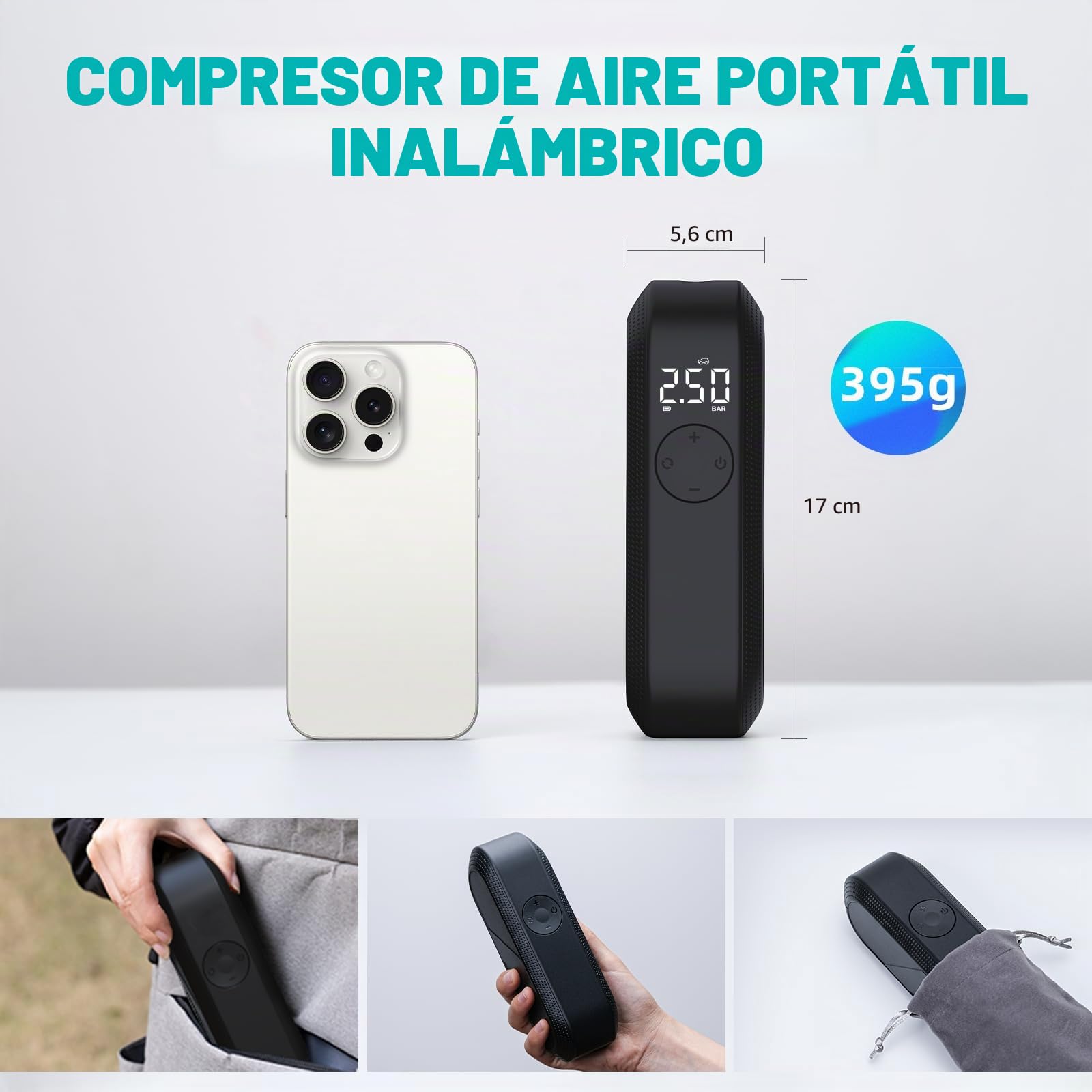 CYCPLUS Compresor de Aire Portátil Eléctrico para Bicicletas y Vehículos, 150 PSI, Recargable con Pantalla LED y Apagado Automático. Ideal para Neumáticos de Bicicleta, Coche, Motocicleta y Balones