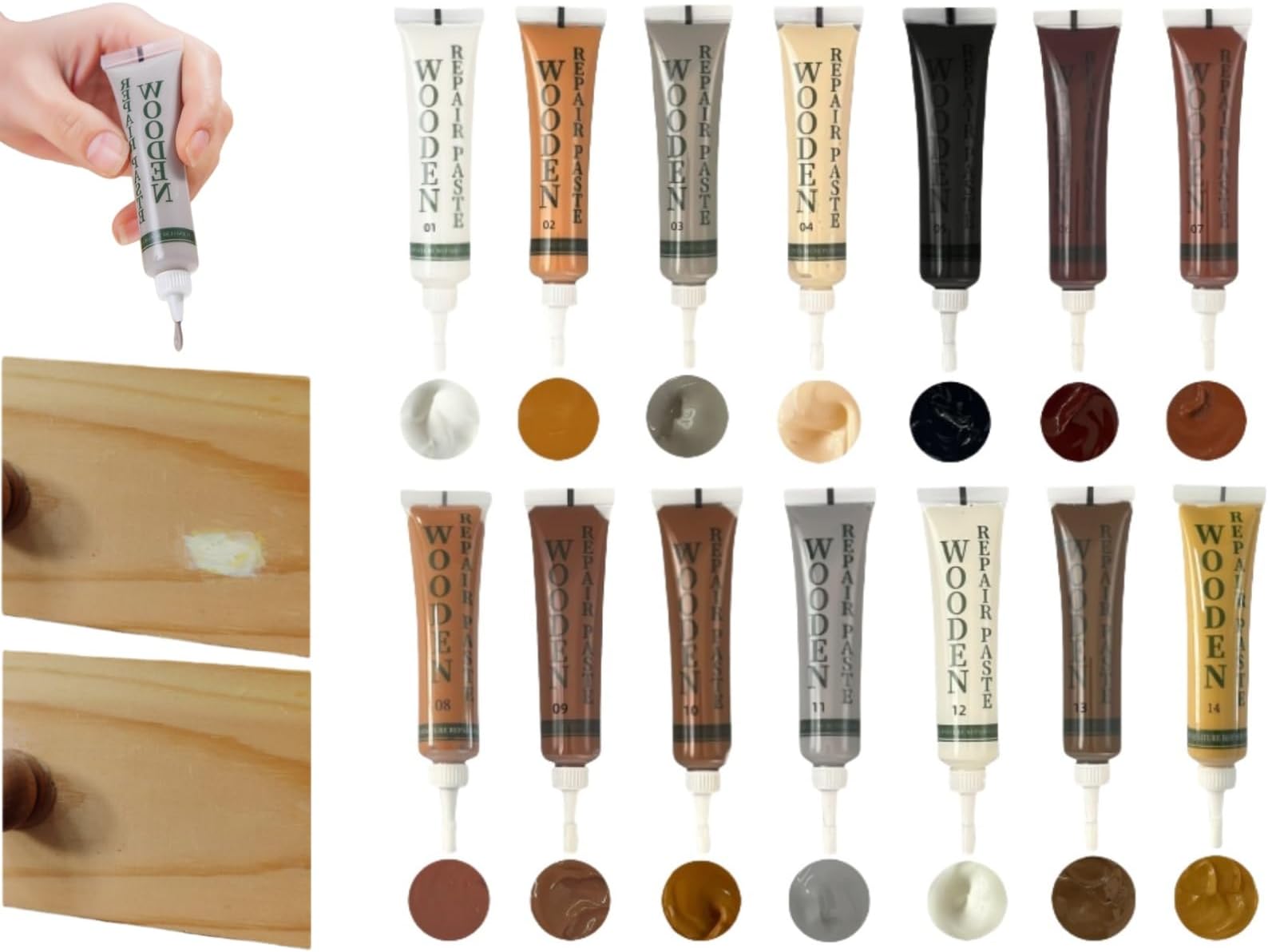 Laminate Repair Kit, 14 Pieces Wood Putty Repair Kit, Laminate Wood Parquet Repair Kit, Wood Parquet Repair Kit for Laminate Floor, Furniture Repair Set, Wood Putty Wood Filler and Beeswax