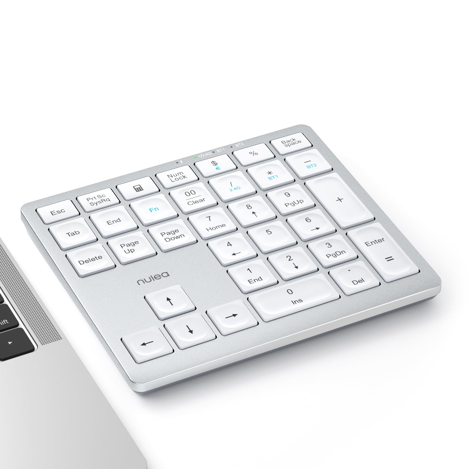 Nulea Wireless Number Pad Bluetooth 5.0 & 2.4G Portable Numeric Keyboard, USB-C Rechargeable, 34-Keys Bluetooth Keyboard for Data Entry (Silvery White)