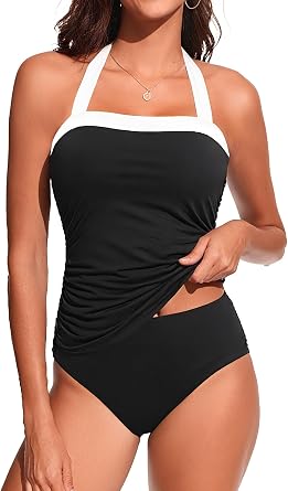 Womens Two Piece Tankini Swimsuit Tummy Control Bathing Suits Slim Halter Swimwear with High Waisted Bottom