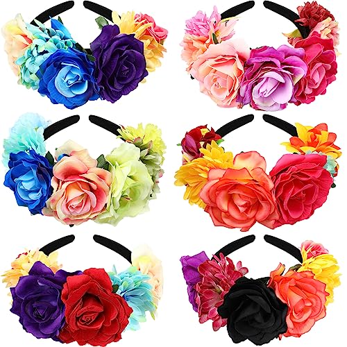 Kigeli 6 Pcs Mexican Fiesta Flower Crown Headbands for Women Cinco De Mayo Decorations Floral Rose Headbands Party Hair Accessories for Festival Wedding Costume Party