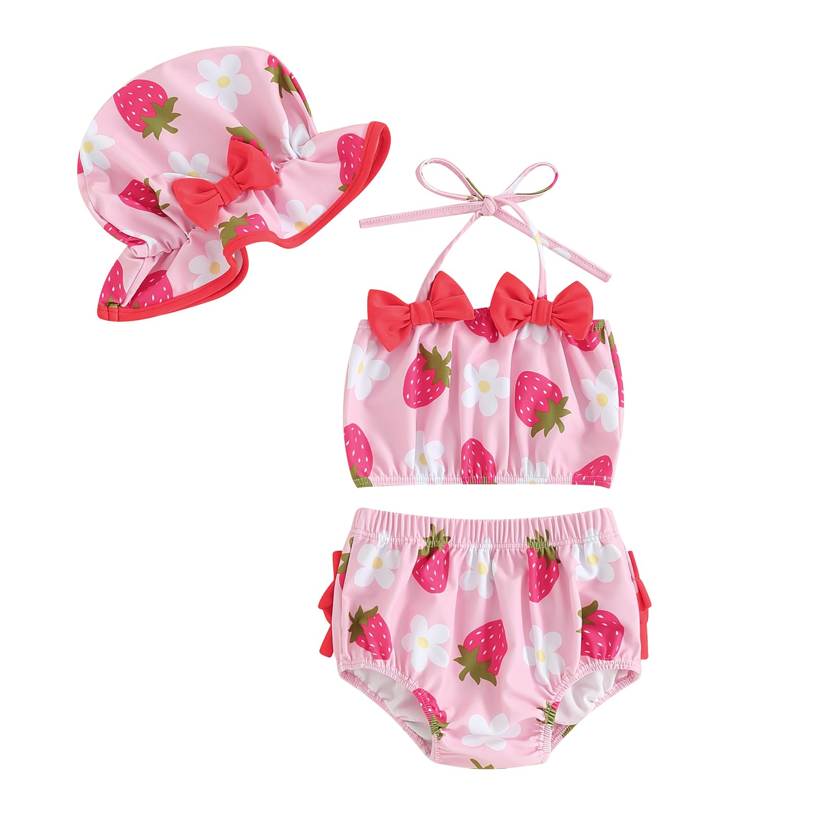 3 Pezzi Costume da Bagno Neonata Bikini Set Bambina Estate Stampa Fragola/Sirena Top Senza Manica+Fondo+Cappello Completo da Mare Spiaggia