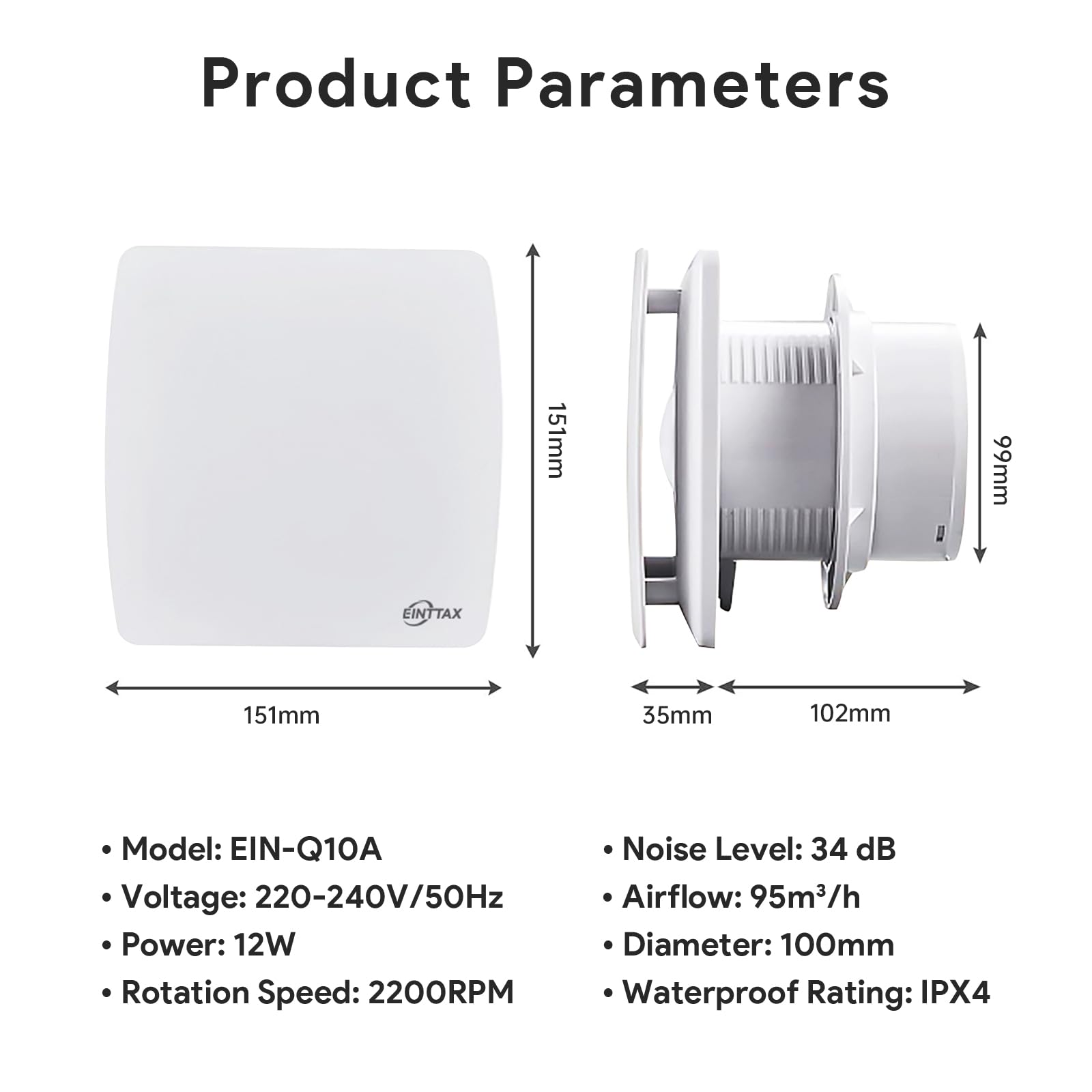 EINTTAX 100mm Quiet Bathroom Extractor Fan, White Square Bathroom Fan 95m³/h - Image 2