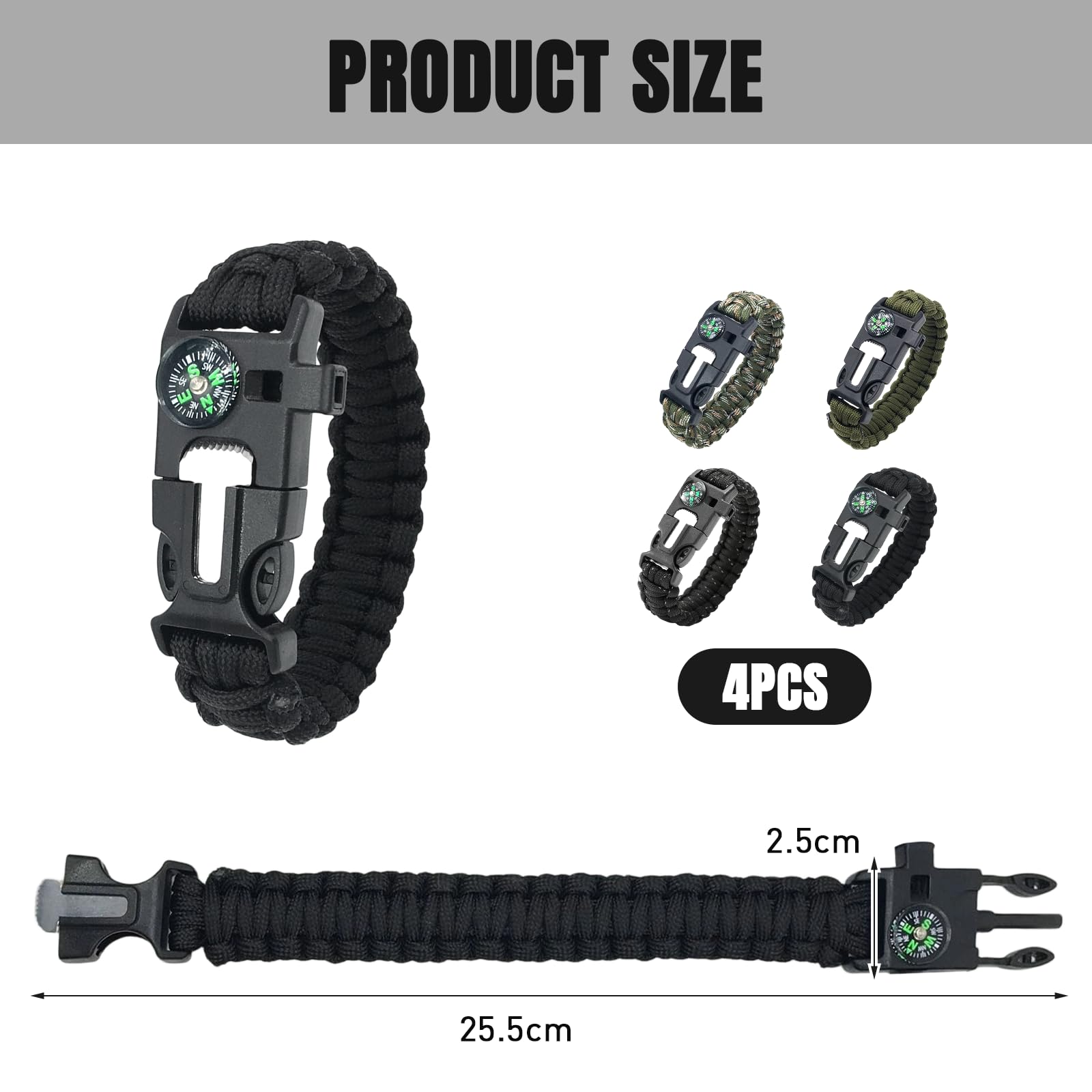 Generico Braccialetto Sopravvivenza,4 Pezzi Bracciale Sopravvivenza 5 in 1,con Flint,Bussola,Emergenza Coltello,Whistle e Paracadute Fibbia,per Escursionismo,Campeggio