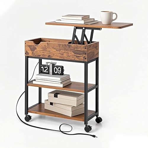 POWERSTONE Mesa auxiliar con estación de carga, mesa auxiliar abatible con puertos USB y tomacorrientes, mesita de noche rústica con estante de