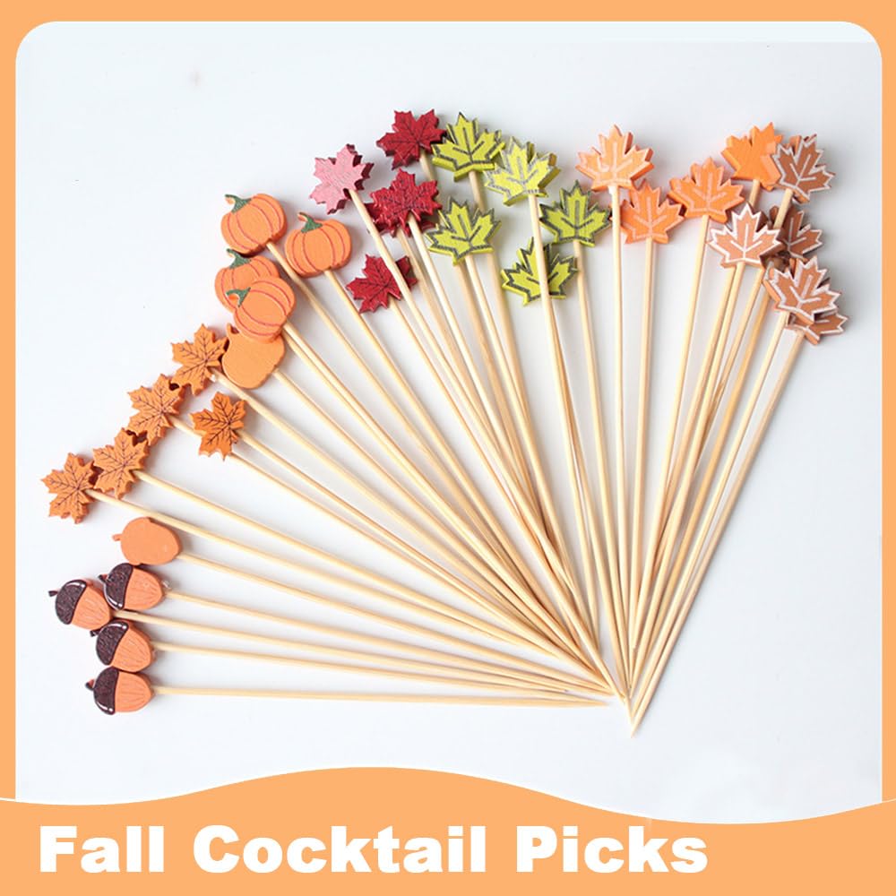 GotGala 100 Pcs Fall Cocktail Picks Pumpkin Maple Leaf Bamboo ToothPicks Appetizer Bamboo Toothpicks for Thanksgiving Seasonal Autumn Holiday Home Party Cake Food Decoration
