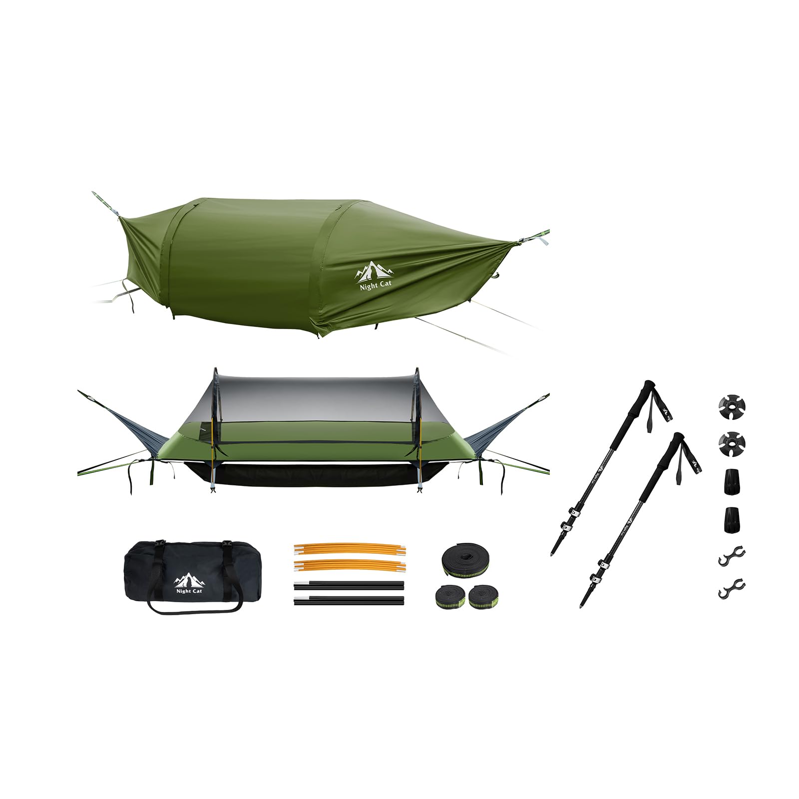 Night Cat Hamaca de Fondo Plano para 1 Persona con Mosquitera con Bastones Plegables para Senderismo