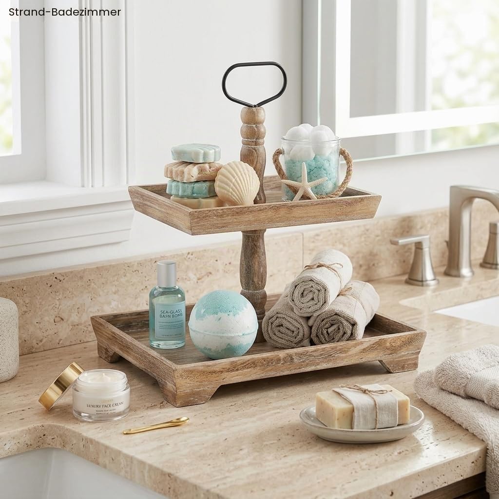 Hanobe Deko Tablett Etagere Holz: Braun Holztablett Groß Rechteckig mit 2 Ebenen Bauernhaus Dekotablett Vintage Shabby serviertabletts für Home Kaffeeecke Duschraum