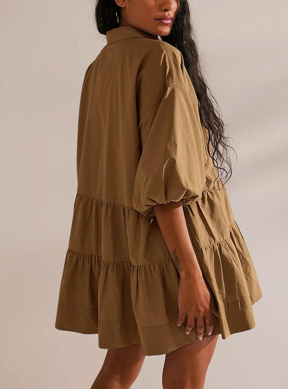 chouyatou Women's Summer Puff Sleeve Tiered Tunic Babydoll Dress Cute Mini Button Down Shirt Dress - Image 2