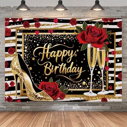 Opeoddie Black Gold Red Birthday Backdrop for Women Party Decorations Golden High Heel Photo Background Photography Banner Glitter Fashion Rose Birthday Cake Table Decor Booth Props 7X5ft