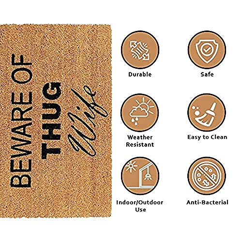 Image of Onlymat Natural Coconut Coir Beware of Thug Wife Funny Printed Anti-Slip Doormat for Home Entrance (45x75cm)