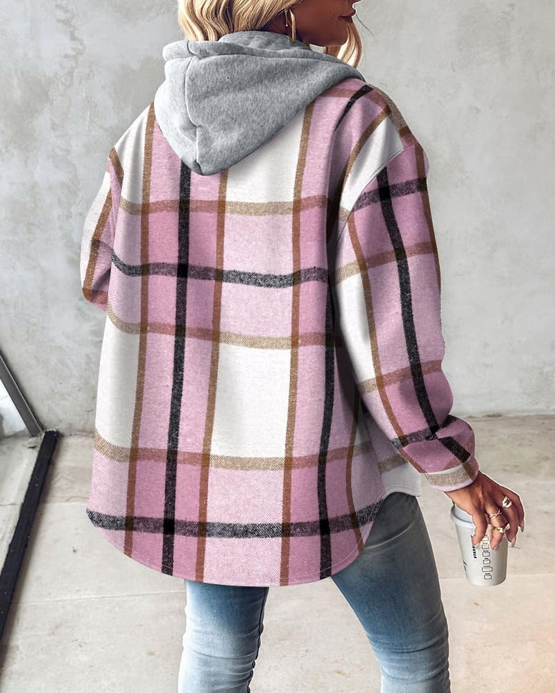 CHICME Womens Lightweight Casual Jacket Plaid Long Sleeve Shacket Fleece Lined Hooded Jackets Warm Coat - Image 2