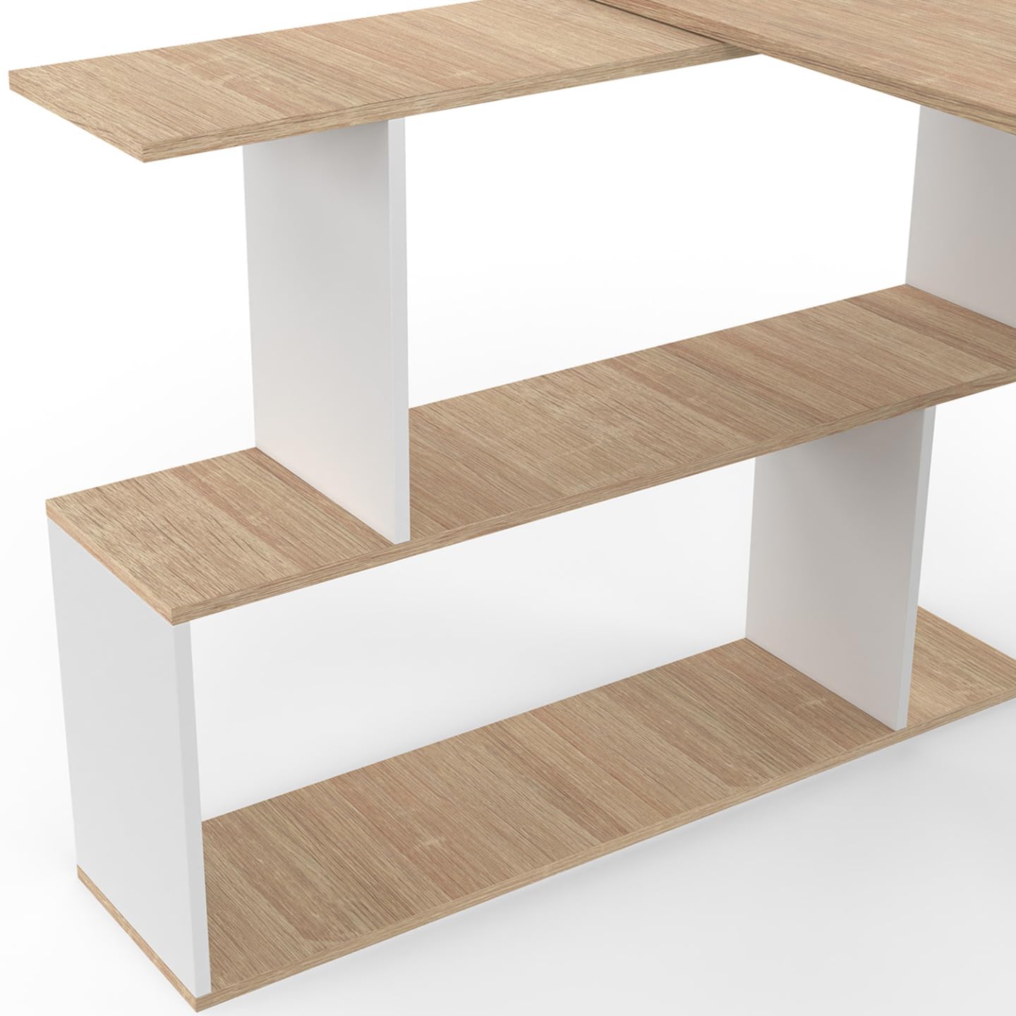 IDMarket – Escritorio esquinero giratorio 180° Joy estante forma S madera forma haya y blanco
