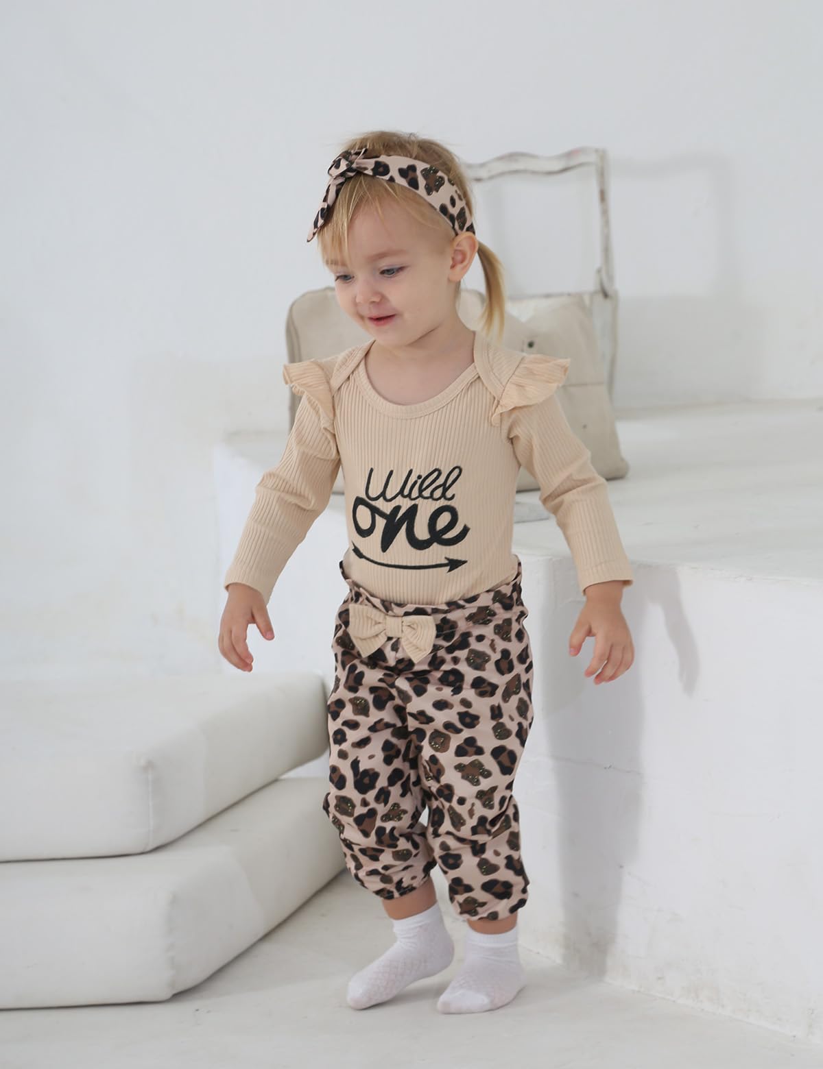 Shalofer Baby Girl 1st Birthday Outfit Wild One Birthday Bodysuit Leopard Clothes Set(Leopard-Long,12-18 Months)