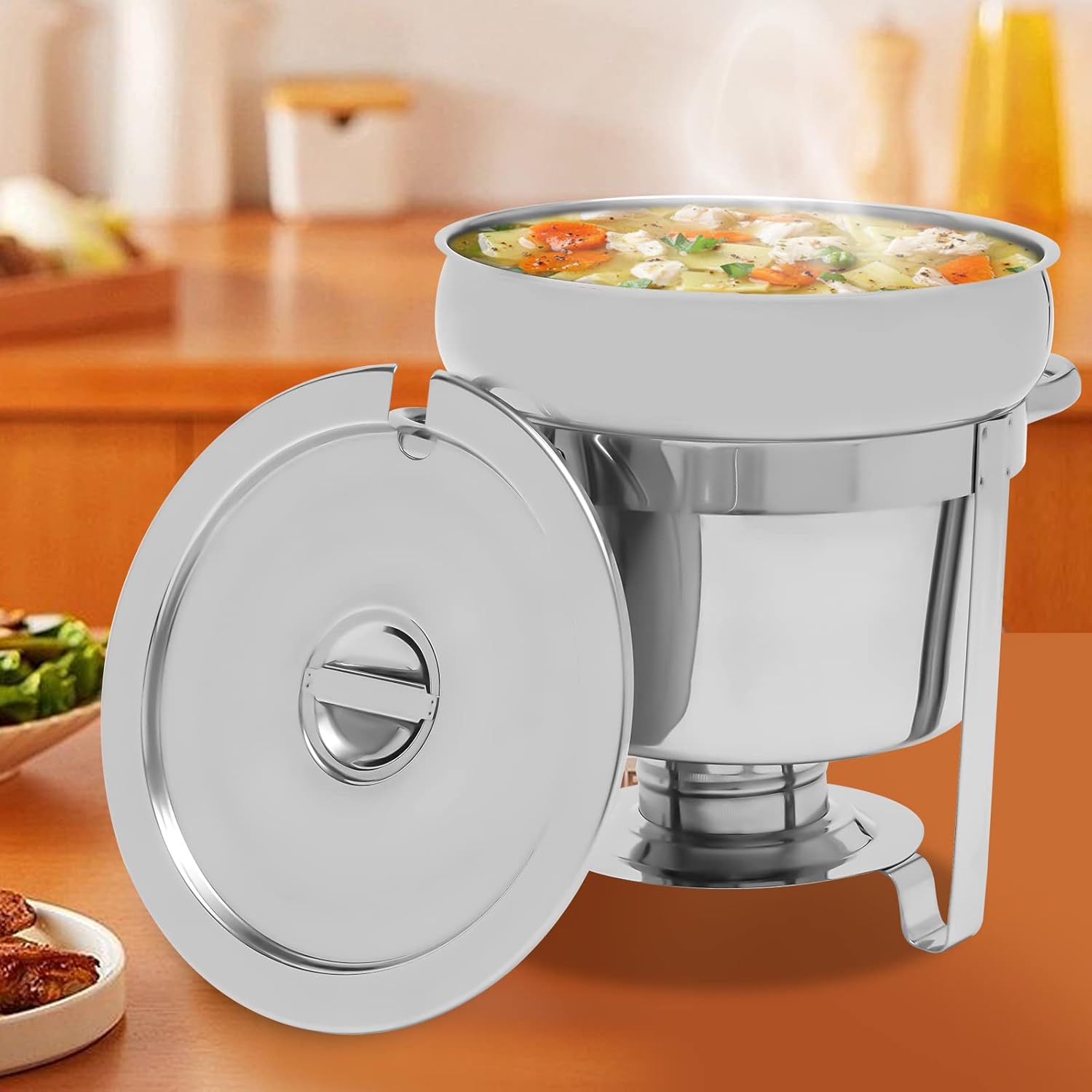10QT Soup Chafer, Stainless Steel Round Soup Warmer with Lid & Fuel Holder, Commercial Soup Pot Chafing Dishes for Catering, Parties, Buffet, Banquets, Events