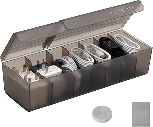 Caja organizadora de cables de plástico con lazos y etiquetas, cable de carga de 2 compartimentos, cable USB, organizador de accesorios electrónicos