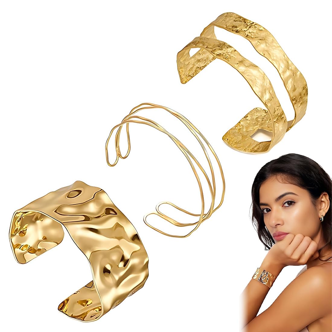 JUGUTA Brazalete Dorado Para El Brazo Superior, Conjunto De 3 Delgados Brazaletes Chapados En Oro 18K, Accesorio Versátil Para Mujeres, Joyería Minimalista Para El Uso Diario