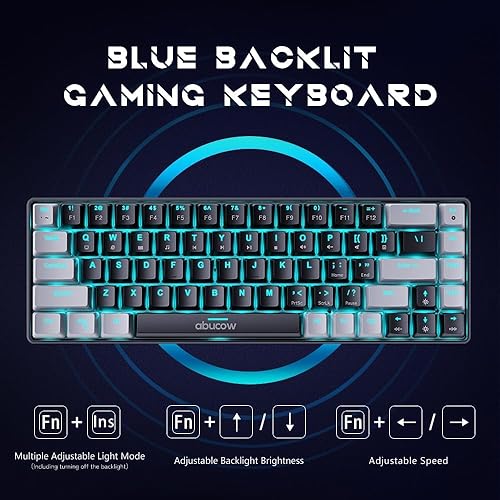 Miniatura 3 de abucow Teclado mecánico 65% para juegos, teclado compacto con cable con interruptor azul con retroiluminación azul, teclas intercambiables grises y