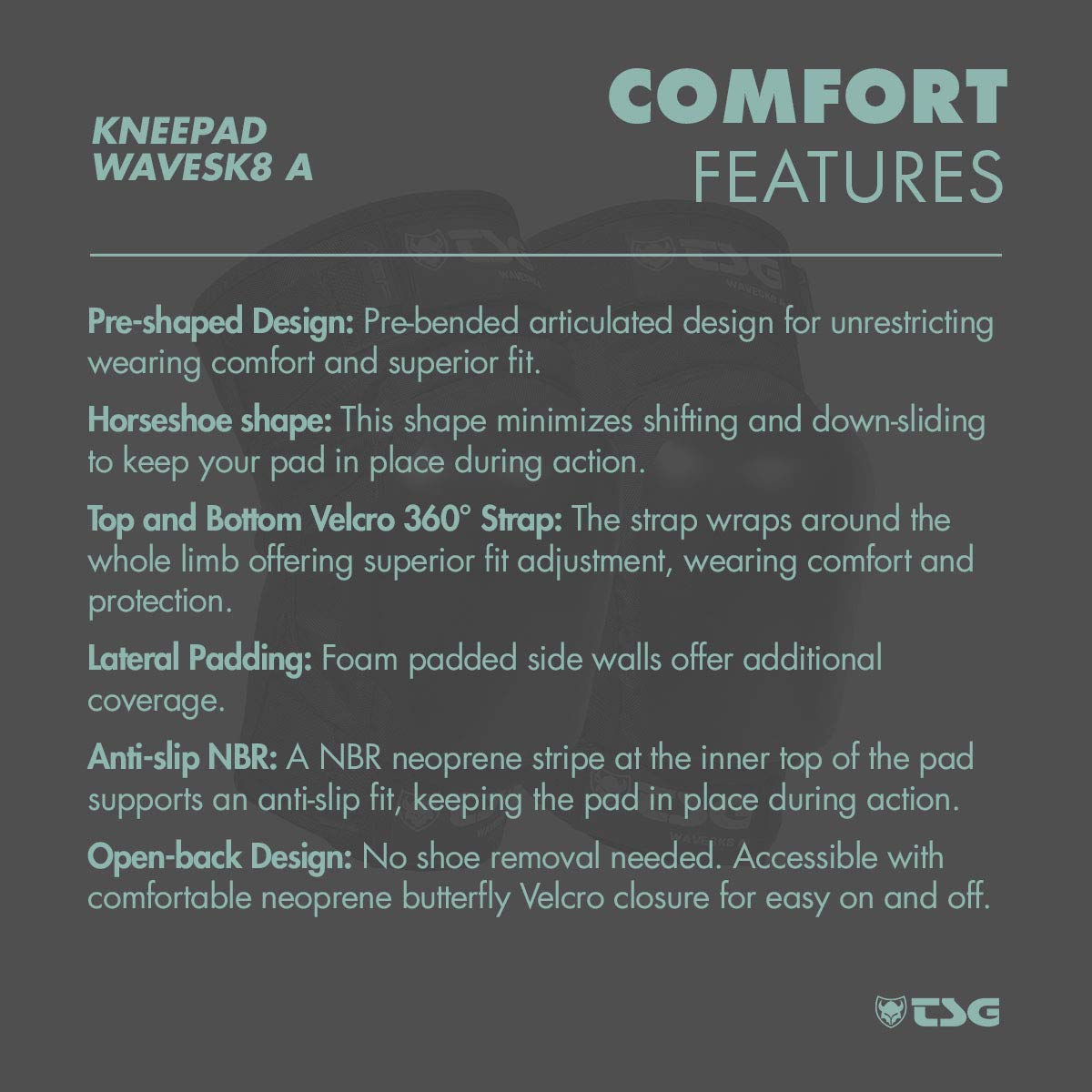 TSG Wavesk8 A Rodillera - Surf, protección de rodilla de patín, rígida, extraíble ACF, acolchado lateral, forro NBR antideslizante, nailon resistente al desgarro, correas de velcro, puños antideslizantes, preformados, espalda abierta, negro