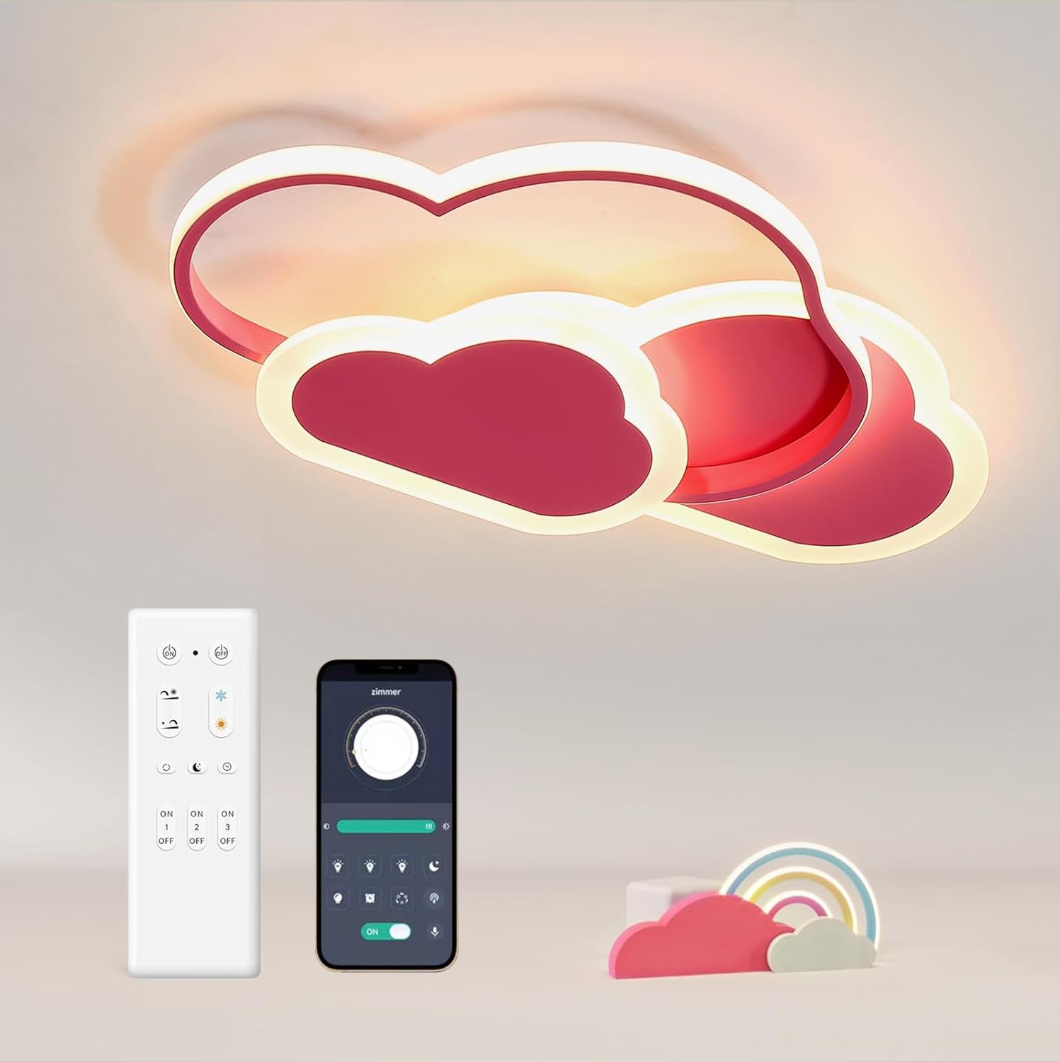 LED Deckenleuchte 32W Kinderzimmer Lampe Decke, Kreative Wolkenlampe, LED Lampen Deckenlampen Dimmbar mit Fernbedienung 3000K-6000K, 42CM Rosa Deckenlampe für Wohnzimmer, Schlafzimmer
